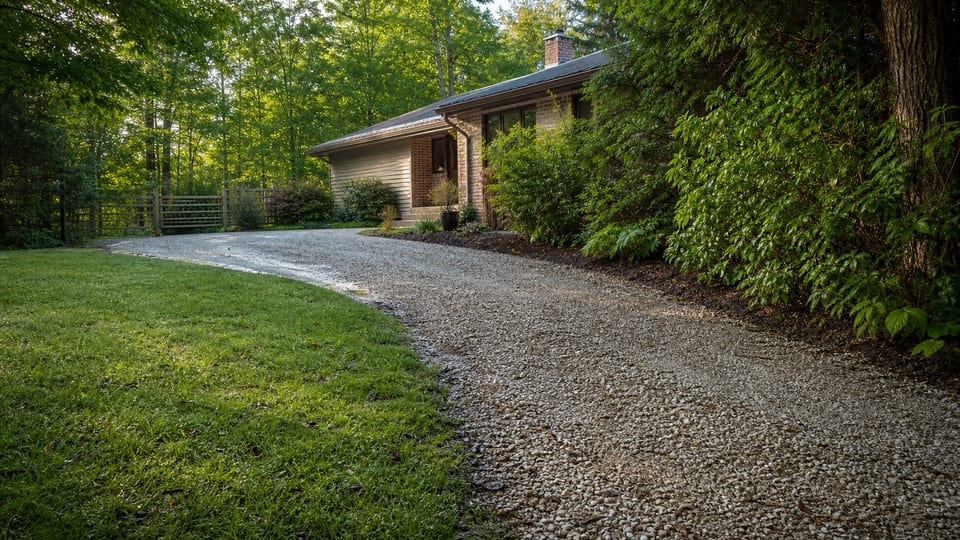 Illustrative GTA West property showing a lawn, gravel driveway, and mature brush edge